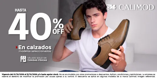 Promoción Calimod con hasta 40% de descuento en modelos seleccionados de calzado para hombre.