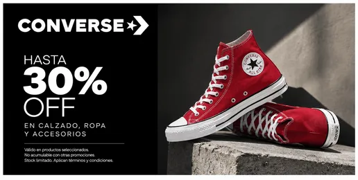Promoción Converse con hasta 30% de descuento en calzado, ropa y accesorios seleccionados.