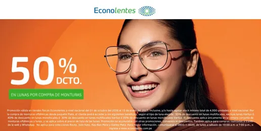 Promoción Econolentes con 50% de descuento en lunas por la compra de monturas.