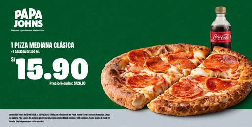 Promoción Papa Johns con pizza mediana clásica y gaseosa de 500 ml a S/ 15.90.