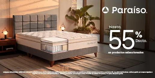 Promoción Paraíso con hasta 55% de descuento en colchones y productos seleccionados.