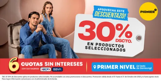 Promoción Pionier con 30% de descuento en productos seleccionados para hombre y mujer.