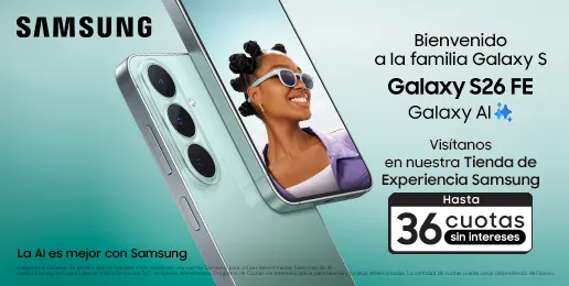 Samsung Galaxy S26 FE con Galaxy AI y hasta 36 cuotas sin intereses en Tienda de Experiencia Samsung.