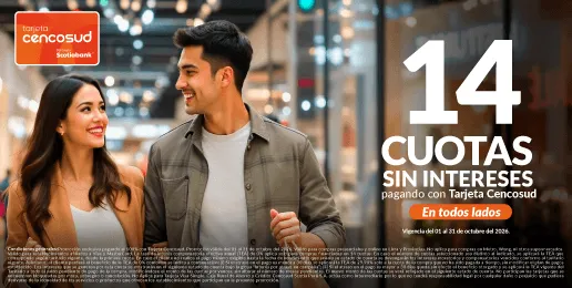 Promoción Tarjeta Cencosud con 14 cuotas sin intereses en tiendas seleccionadas.